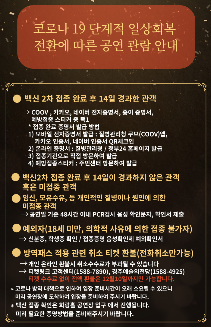 코로나19 단계적 일상회복 전환에 따른 공연 관람안내 백신 2차 접종 완료 후 14일 경과한 관객. 백신 2차 접종 완료 후 14일이 경과하지 않은 관객 혹은 미접종 관객, 임신 모유수유 등 개인적인 질병이나 원인에 의한 미접종 관객 예외자(18세 미만, 의학적 사유에 의한 접종 불가자), 방역패스 적용 관련 취소 티켓환블(전화취소만가능)