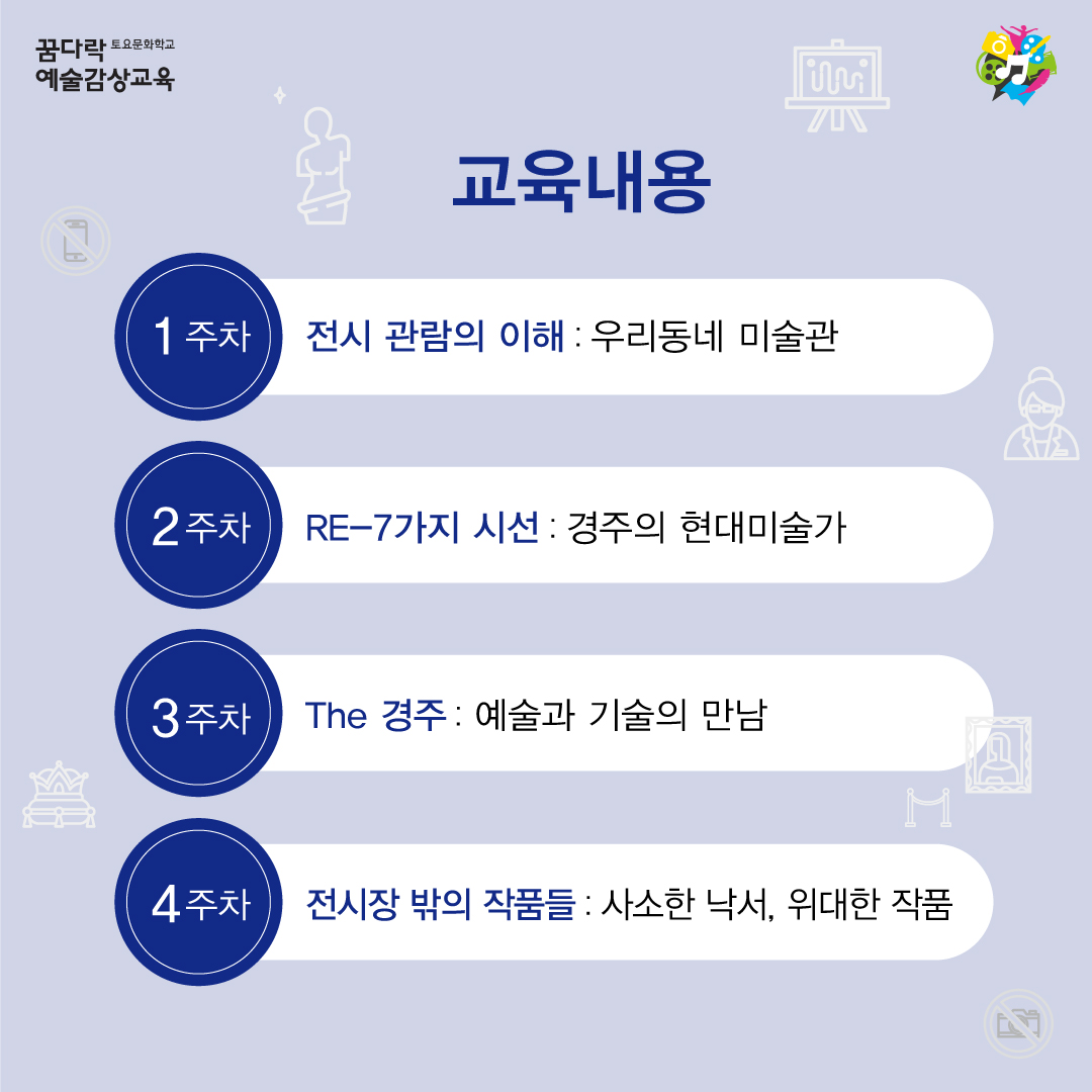 꿈다락 토요문화학교 예술감상교육 교육내용 1주차 전시 관람의 이해 : 우리동네 미술관 2주차 RE-7가지 시선 : 경주의 현대미술가 3주차 The 경주 : 예술과 기술의 만남 M 4주차 전시장 밖의 작품들 : 사소한 낙서, 위대한 작품