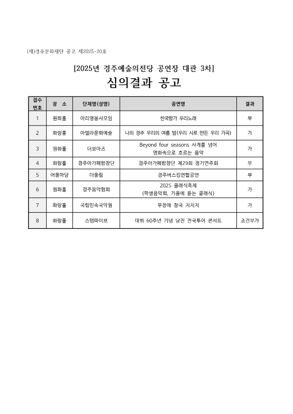 재)경주문화재단 공고 제2025-20호  [2025년 경주예술의전당 공연장 대관 3차] 심의결과 공고