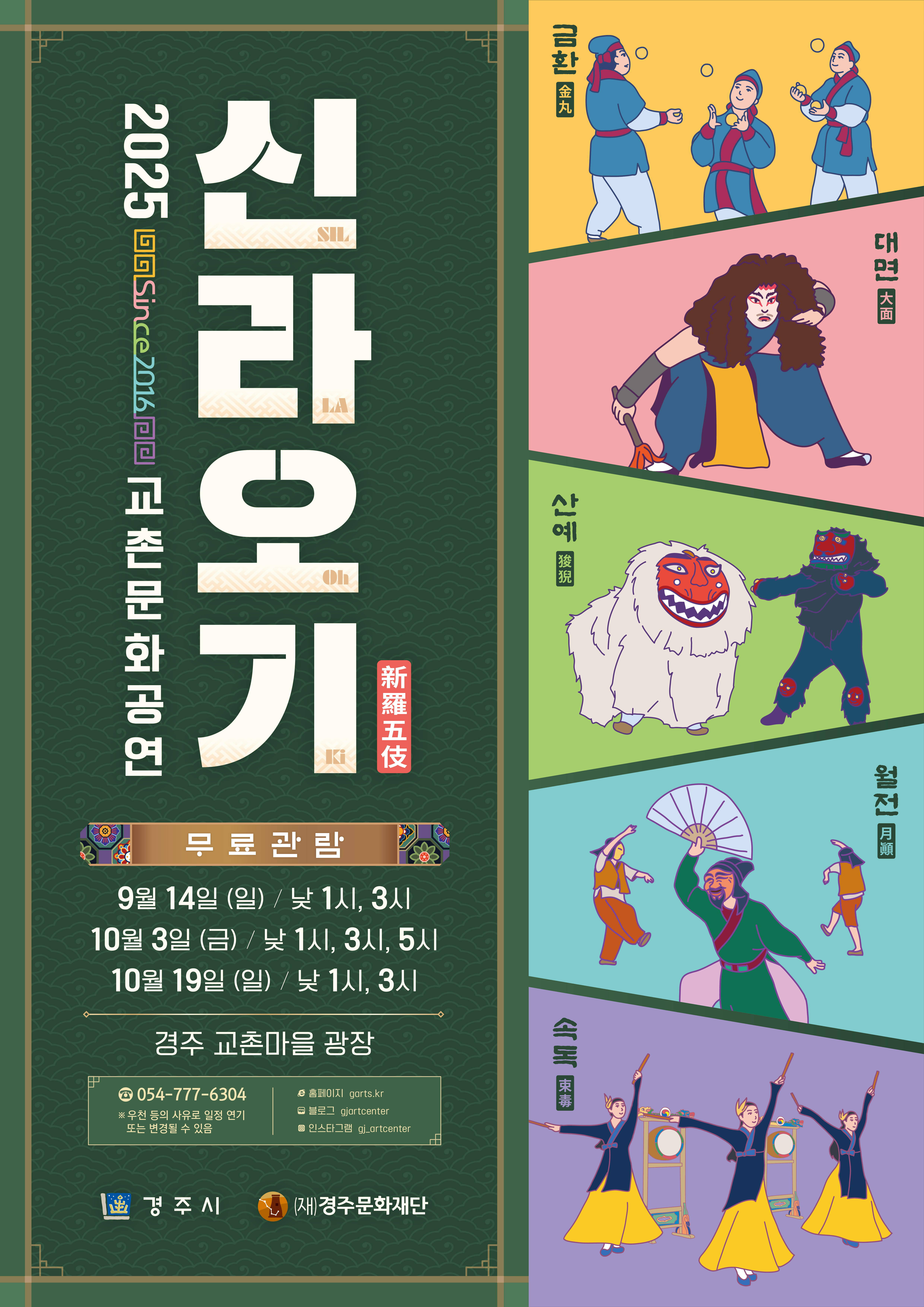 2025 교촌문화공연 신라오기 9월 14일(일) 낮 1시/ 3시, 10월 3일(금) 낮 1시/3시/5시, 10월 19일(일) 낮 1시, 3시 경주 교촌마을 광장, 우천 등의 사유로 일정 연기 또는 변경될 수 있음, 문의 054-777-6304 신라오기는 삼국사기 악지에 수록되어 있는 최치원의 향악잡영 5수에 소개된 다섯가지 놀이를 재해석하여 엮은 창작마당극입니다. 공연줄거리 : 당나라 유학생활을 마치고 고국으로 돌아온 최치원 선생은 경주교촌마을에서 광대패들의 공연을 보게 됩니다. 금환, 대면, 산예, 월전, 속독 다섯 마당으로 이루어진 공연의 화려한 춤과 뛰어난 기예에 탄복한 최치원은 명문의 시를 지어 화답합니다. 금환(여러 개의 황금색 공을 계속 공중으로 던졌다가 받는 놀이) : 몸 돌리고 팔 휘두르며 방울을 희롱하니 달이 돌고 별이 뜬 듯 눈에 가득하네. 비록 의료의 재주라도 이보다 낫겠는가. 동해바다 파도소리 잦아지는 것 바로 알겠네. 대면(황금탈을 쓰고 역신을 쫓아내는 신라의 가면무) : 누런 금빛 탈을 쓴 바로 그 사람, 구슬 채찍 손에 쥐고 귀신을 쫓네. 빠르고 느린 걸음 한바탕 춤은 붉은 봉황새가 새벽 춤을 추는 듯하네. 산예(머리와 꼬리를 흔들면서 추는 사자탈춤) : 멀고먼 고비사막을 건너오느라 털은 빠지고 먼지를 뒤집어 ᄊᅠᆻ네. 머리 꼬리 흔들며 사람을 따르니 뭇 짐승의 재주를 사자에 비교하리. 월전(풍자와 해학으로 관객들과 함께하는 탈놀이) : 솟은 어깨, 움츠린 목, 솟구친 머리카락, 팔 걷은 한량들 서로 술잔을 다투네. 노랫소리 듣고 모두들 마음껏 웃으니 저녁의 깃발이 새벽을 재촉하듯 나부끼네. 속독(북소리에 맞추어 이리뛰고 저리뛰며 추는 군무) : 엉킨 머리, 남색 얼굴, 사람과는 다르네. 떼지어 뜰 앞에 와서 난새 춤을 배우네. 북치는 소리 둥둥 울리고 겨울바람 쓸쓸하게 부는데 남쪽, 북쪽으로 달리고 뛰어 한정이 없구나. 만든사람들 창작/출연 : 전통연희극단 두두리, 교촌국악원 예악당, 너울무용단, 아트프로젝트 진,  시스템/진행 : 무대 준기획, 강산렌탈, 다이나믹오디오, 이즈메이크업, 안전 및 현장 관리 뉴플랜 기획/제작 : (재)경주문화재단 관광사업팀 손인수, 김민예 주최/주관 : 경주시/(재)경주문화재단