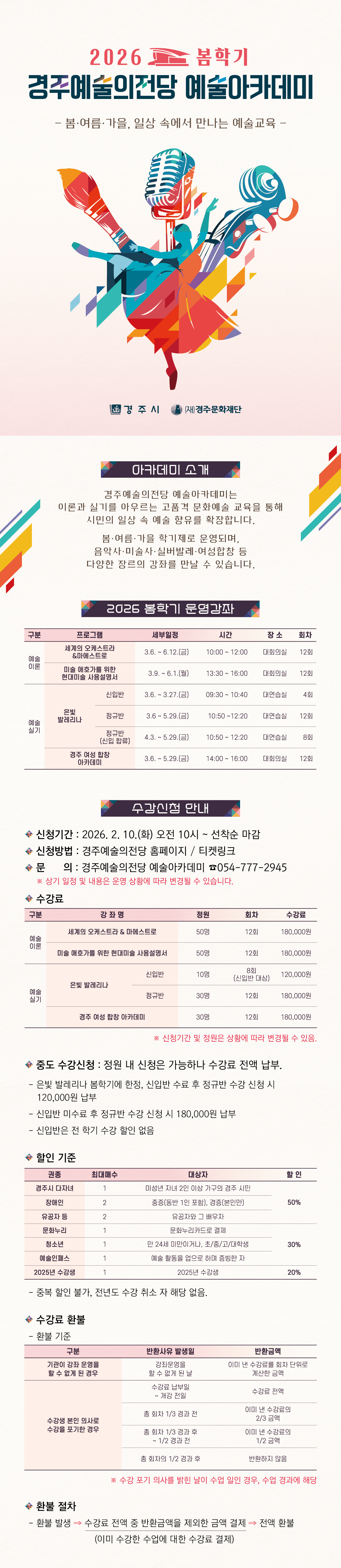  아카데미 통합 상세이미지 (1종) < 2026 경주예술의전당 예술아카데미>   - 봄·여름·가을, 일상 속에서 만나는 예술교육           아카데미 소개 경주예술의전당 예술아카데미는 이론과 실기를 아우르는 고품격 문화예술 교육을 통해 시민의 일상 속 예술 향유를 확장합니다. 봄·여름·가을 학기제로 운영되며, 음악사·미술사·실버발레·여성합창 등 다양한 장르의 강좌를 만날 수 있습니다.      2026 봄학기 운영강좌  구 분 프로그램 세부일정 시 간 장 소 회 차 예술 이론 세계의 오케스트라  &마에스트로 3.6. ~ 6.12.(금) 10:00 ~ 12:00 대회의실 12회 미술 애호가를 위한  현대미술 사용설명서 3.9. ~ 6.1.(월) 13:30 ~ 16:00 대회의실 12회 예술실기 은빛 발레리나 신입반 3.6. ~ 3.27.(금) 09:30 ~ 10:40 대연습실 4회 정규반 3.6 ~ 5.29.(금) 10:50 ~12:20 대연습실 12회 정규반 (신입 합류) 4.3. ~ 5.29.(금) 10:50 ~ 12:20 대연습실 8회 경주 여성 합창 아카데미 3.6. ~ 5.29.(금) 14:00 ~ 16:00 대회의실 12회       수강신청 안내       신청기간: 2026. 2. 10.(화) 오전 10시 ~ 선착순 마감       신청방법: 경주예술의전당 홈페이지 / 티켓링크       강좌별 세부 내용 및 신청은 각 강좌 페이지에서 확인      ※ 상기 일정 및 내용은 운영 상황에 따라 변경될 수 있습니다.   수강료  구 분 강 좌 명 정원 회차 수강료 예술 이론 세계의 오케스트라 & 마에스트로 50명 12회 180,000원 미술 애호가를 위한 현대미술 사용설명서 50명 12회 180,000원 예술 실기 은빛 발레리나 신입반 10명 4회 40,000원 정규반 30명 8회 (신입반 대상) 120,000원 12회 180,000원 경주 여성 합창 아카데미 30명 12회 180,000원   ※ 신청기간 및 정원은 상황에 따라 변경될 수 있음.    중도 수강신청 : 정원 내 신청은 가능하나 수강료 전액 납부.     - 은빛 발레리나 봄학기에 한정, 신입반 수료 후 정규반 수강 신청 시 120,000원 납부    - 신입반 미수료 후 정규반 수강 신청 시 180,000원 납부    - 신입반은 전 학기 수강 할인 없음    할인 기준  권종 최대 매수 대상자 할 인 경주시 다자녀 1 미성년 자녀 2인 이상 가구의 경주 시민 50% 장애인 2 중증(동반 1인 포함), 경증(본인만) 유공자 등 2 유공자와 그 배우자 문화누리 1 문화누리카드로 결제 30% 청소년 1 만 24세 미만이거나, 초/중/고/대학생 예술인패스 1 예술 활동을 업으로 하며 증빙한 자 2025년 수강생 1 2025년 수강생 20%     - 중복 할인 불가, 전년도 수강 취소 자 해당 없음.   수강료 환불    - 환불 기준    구분 반환사유 발생일 반환금액 기관이 강좌 운영을  할 수 없게 된 경우 강좌운영을  할 수 없게 된 날 이미 낸 수강료를 회차 단위로 계산한 금액 수강생 본인 의사로 수강을 포기한 경우 수강료 납부일  ~ 개강 전일 수강료 전액 총 회차 1/3 경과 전 이미 낸 수강료의  2/3 금액 총 회차 1/3 경과 후  ~ 1/2 경과 전 이미 낸 수강료의  1/2 금액 총 회차의 1/2 경과 후 반환하지 않음       ※ 수강 포기 의사를 밝힌 날이 수업 일인 경우, 수업 경과에 해당    환불 절차    - 환불 발생 ⇒ 수강료 전액 중 반환금액을 제외한 금액 결제 ⇒ 전액 환불                       (이미 수강한 수업에 대한 수강료 결제) 
