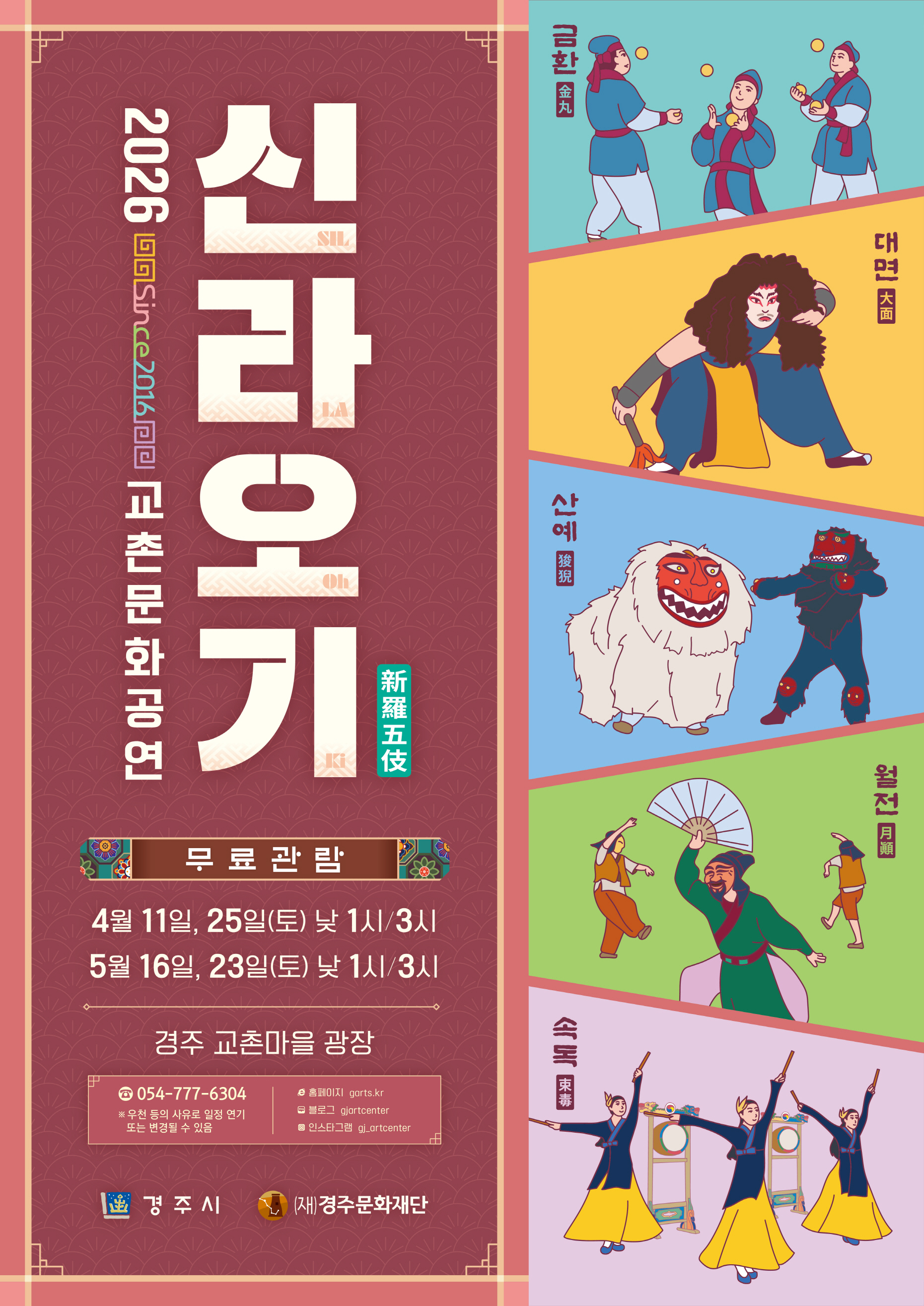 2026 교촌문화공연 신라오기 무료관람 일정 : 4월 11일, 25일 토요일, 5월 16일, 23일 토요일 오후 1시, 3시 장소 : 경주 교촌마을 광장 문의 : 054-777-6304 (우천 등 사유로 일정 연기 또는 변동 가능) 공연 줄거리 : 신라오기는 삼국사기 악지에 수록되어 있는 최치원의 향악잡영 5수에 소개된 다섯가지 놀이를 재해석하여 엮은 창작마당극입니다. 공연줄거리 : 당나라 유학생활을 마치고 고국으로 돌아온 최치원 선생은 경주교촌마을에서 광대패들의 공연을 보게 됩니다. 금환, 대면, 산예, 월전, 속독 다섯 마당으로 이루어진 공연의 화려한 춤과 뛰어난 기예에 탄복한 최치원은 명문의 시를 지어 화답합니다. 금환(여러 개의 황금색 공을 계속 공중으로 던졌다가 받는 놀이) : 몸 돌리고 팔 휘두르며 방울을 희롱하니 달이 돌고 별이 뜬 듯 눈에 가득하네. 비록 의료의 재주라도 이보다 낫겠는가. 동해바다 파도소리 잦아지는 것 바로 알겠네. 대면(황금탈을 쓰고 역신을 쫓아내는 신라의 가면무) : 누런 금빛 탈을 쓴 바로 그 사람, 구슬 채찍 손에 쥐고 귀신을 쫓네. 빠르고 느린 걸음 한바탕 춤은 붉은 봉황새가 새벽 춤을 추는 듯하네. 산예(머리와 꼬리를 흔들면서 추는 사자탈춤) : 멀고먼 고비사막을 건너오느라 털은 빠지고 먼지를 뒤집어 ᄊᅠᆻ네. 머리 꼬리 흔들며 사람을 따르니 뭇 짐승의 재주를 사자에 비교하리. 월전(풍자와 해학으로 관객들과 함께하는 탈놀이) : 솟은 어깨, 움츠린 목, 솟구친 머리카락, 팔 걷은 한량들 서로 술잔을 다투네. 노랫소리 듣고 모두들 마음껏 웃으니 저녁의 깃발이 새벽을 재촉하듯 나부끼네. 속독(북소리에 맞추어 이리뛰고 저리뛰며 추는 군무) : 엉킨 머리, 남색 얼굴, 사람과는 다르네. 떼지어 뜰 앞에 와서 난새 춤을 배우네. 북치는 소리 둥둥 울리고 겨울바람 쓸쓸하게 부는데 남쪽, 북쪽으로 달리고 뛰어 한정이 없구나. 주최/주관 : 경주시/(재)경주문화재단