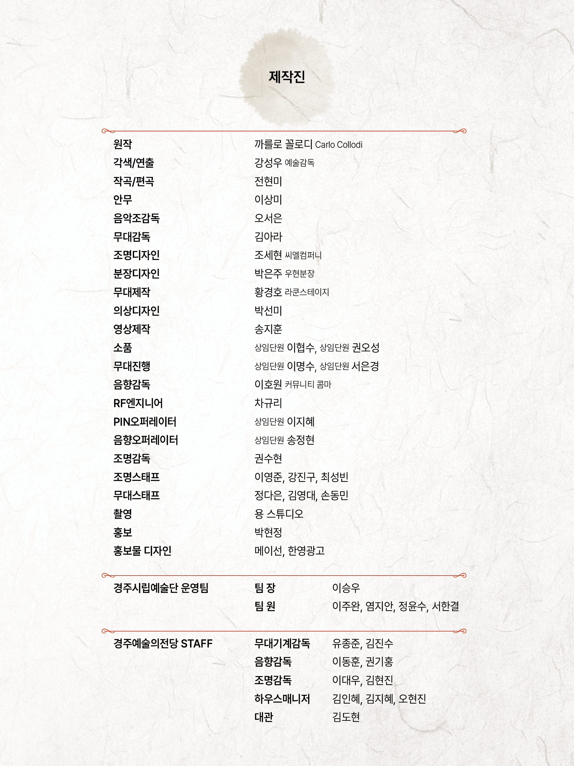 경주시립극단 제135회 정기공연 <줄없는 나무 인형> 제작진