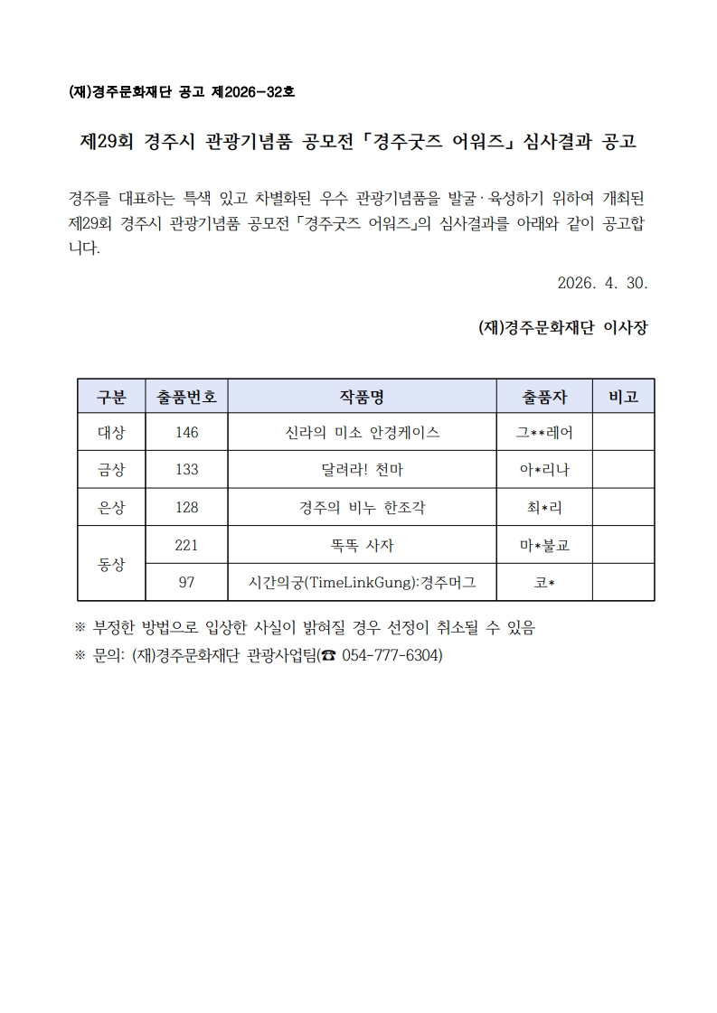 (재)경주문화재단 공고 제2026-32호  제29회 경주시 관광기념품 공모전 「경주굿즈 어워즈」 심사결과 공고  경주를 대표하는 특색 있고 차별화된 우수 관광기념품을 발굴·육성하기 위하여 개최된 제29회 경주시 관광기념품 공모전 「경주굿즈 어워즈」의 심사결과를 아래와 같이 공고합니다.  2026. 4. 30.  (재)경주문화재단 이사장   구분 출품번호 작품명 출품자 비고 대상 146 신라의 미소 안경케이스 그**레어  금상 133 달려라! 천마 아*리나  은상 128 경주의 비누 한조각 최*리  동상 221 똑똑 사자 마*불교  97 시간의궁(TimeLinkGung):경주머그 코*   ※ 부정한 방법으로 입상한 사실이 밝혀질 경우 선정이 취소될 수 있음 ※ 문의: (재)경주문화재단 관광사업팀(☎ 054-777-6304)