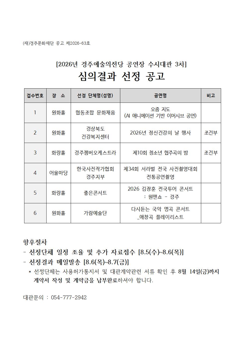 2026 경주예술의전당 공연장 수시대관 2차 심의결과 공고
