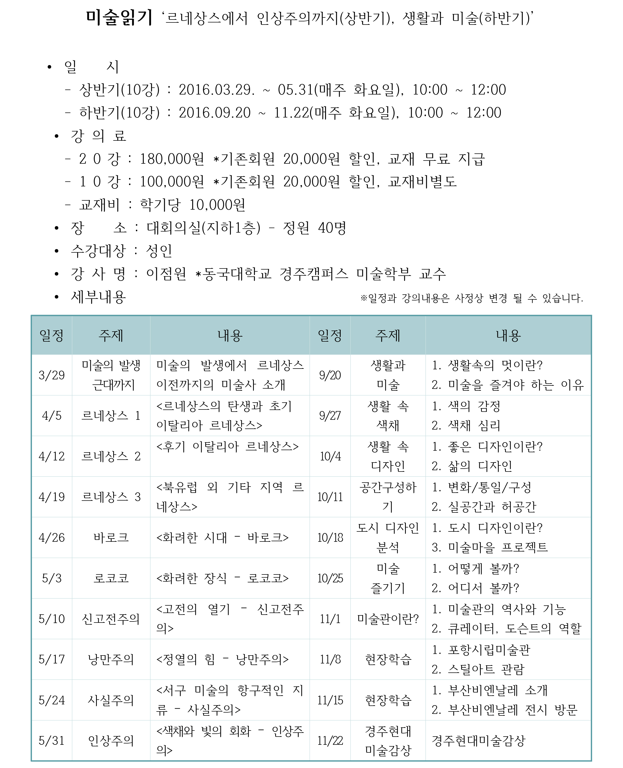 2016 예술아카데미 <미술읽기> 르네상스에서 인상주의까지/ 생활과 미술
